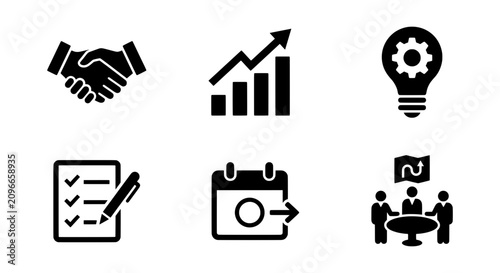 Business Icons Set: Partnership, Growth Chart, Idea Bulb, Checklist, Calendar, Meeting Icons