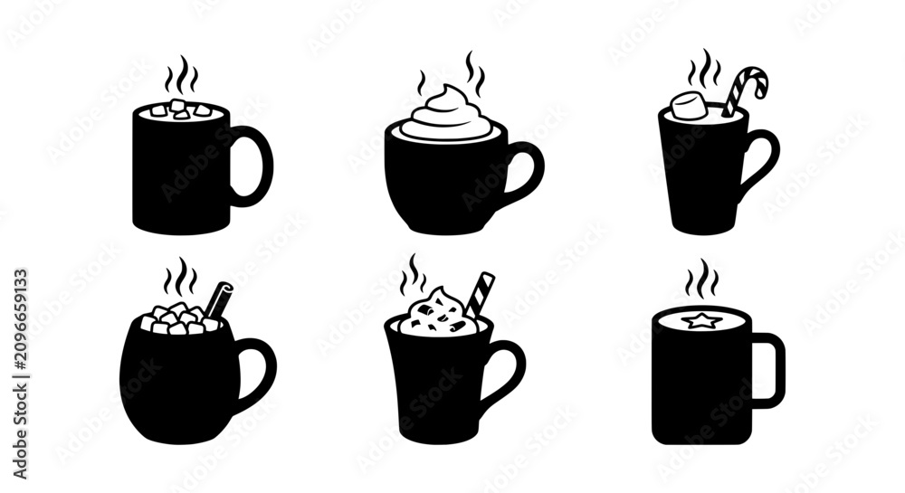 Fototapeta premium Hot Chocolate Mug Icons, Cozy Winter Drinks, Festive Holiday Beverages, Set of 6 Vector Graphics