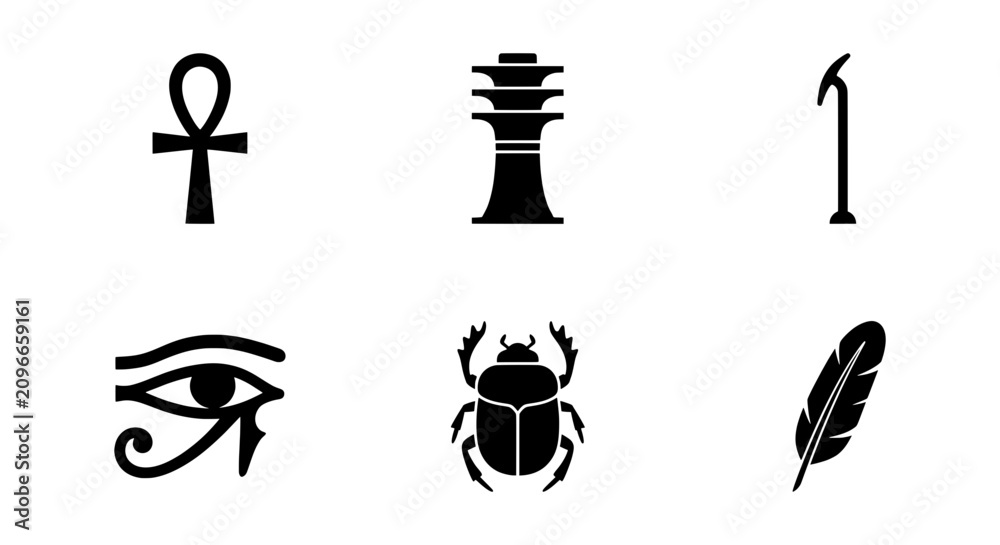 Fototapeta premium Ancient Egyptian Hieroglyphs Icons: Ankh, Eye of Horus, Scarab, Feather, Chess Piece, Number 1