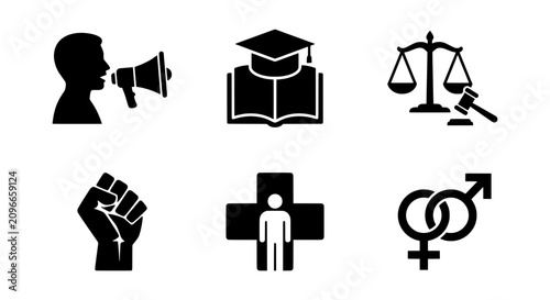 Social Justice Icons: Protest, Education, Law, Equality, Health, Human Rights