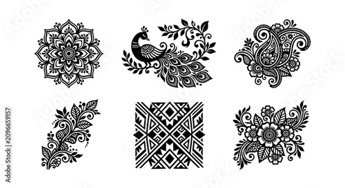 Intricate Black Henna Tattoo Designs, Peacock and Mandala Vector Elements, Paisley Ornaments