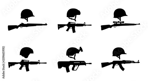 Tableau sur toile Military Weapons Collection, Soldier Helmets and Firearms Silhouettes, Combat Ge