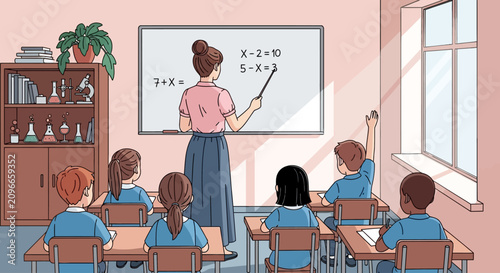 Bild auf Leinwand Classroom Math Lesson, Teacher Instructing Students, Educational Scene, Learning