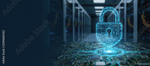 Digital padlock cybersecurity data protection server room technology secure network encryption futuristic glowing blue