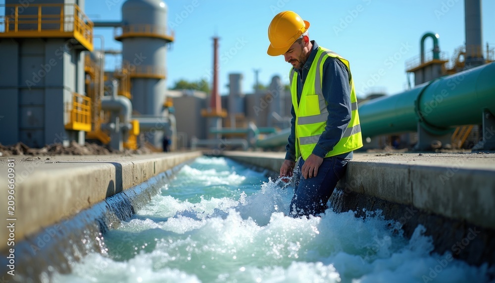 Fototapeta premium Male wastewater treatment engineer inspects water flow at industrial plant facility. Specialist wears safety helmet, reflective vest to check filtration process. Professional technician monitors
