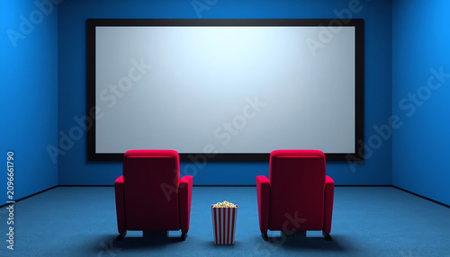 Smartphone with white screen, Cinema chairs, Popcorn and Cola on blue background. Online cinema, movie from home concept. 3d rendering 