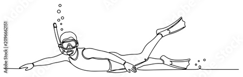 Fotografía Snorkeler swimming underwater with mask and fins in continuous line art style
