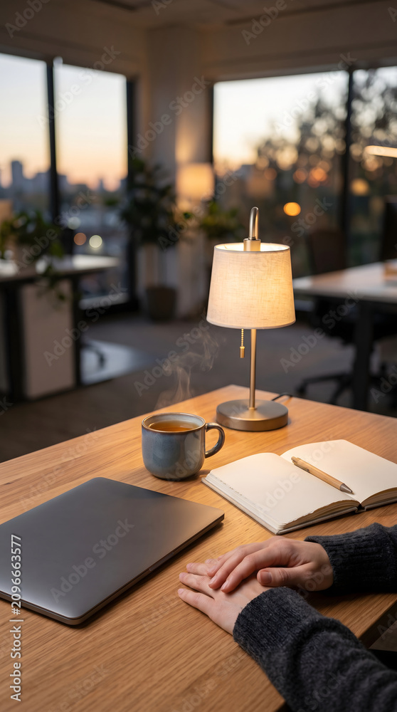 Fototapeta premium Hands on desk with laptop notebook and steaming mug