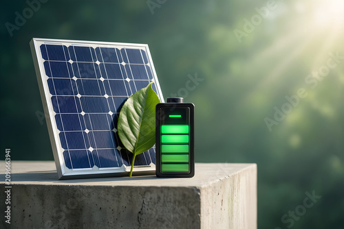 Small generic solar panel tile with leaf and battery-shaped block