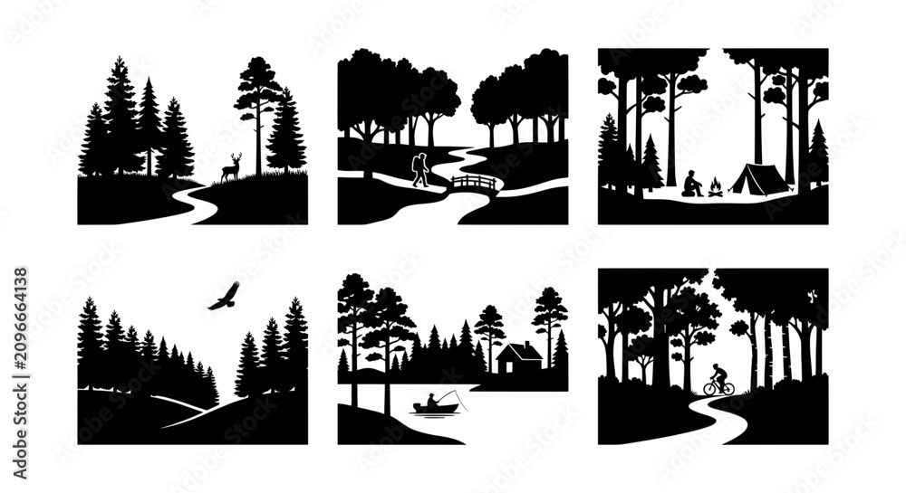 Obraz premium Forest Landscape Silhouettes: Camping, Hiking, Nature Scenes Vector Set