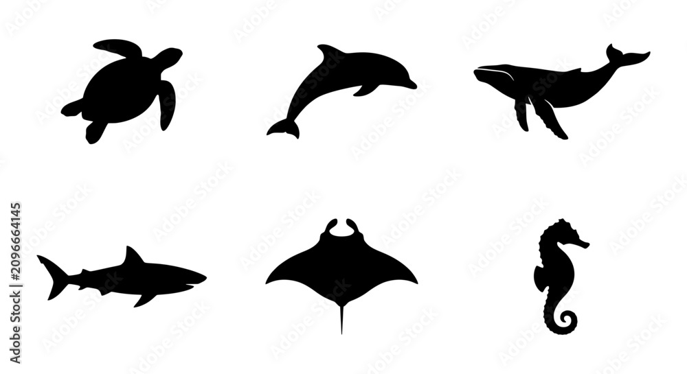 Fototapeta premium Ocean Wildlife Silhouettes: Sea Turtle, Dolphin, Whale, Shark, Manta Ray, Seahorse Icons