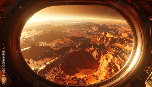 Aerial view of Mars surface from orbital window.