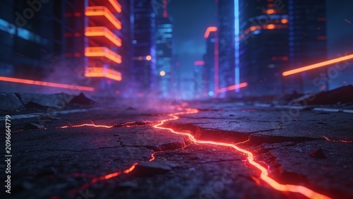 Neon lights illuminate cracked city streets at night with glowing red lines