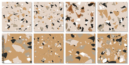 Set of 8 Terrazzo Seamless Tiles Pattern stock illustration, Pastel mosaic background. Trendy surface and textile design. Vector wallpaper stock illustration