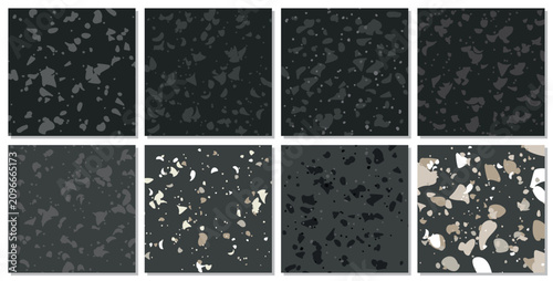 Set of 8 Terrazzo vector set, seamless pattern stock illustration. Marble vector background set. Rock textures. stock illustration