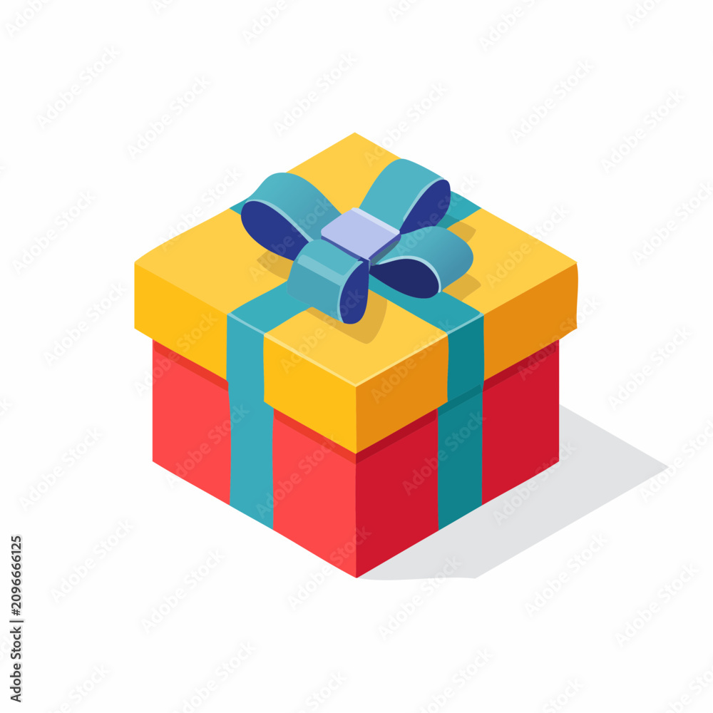 Fototapeta premium Isometric gift box with ribbon and bow in yellow red and blue