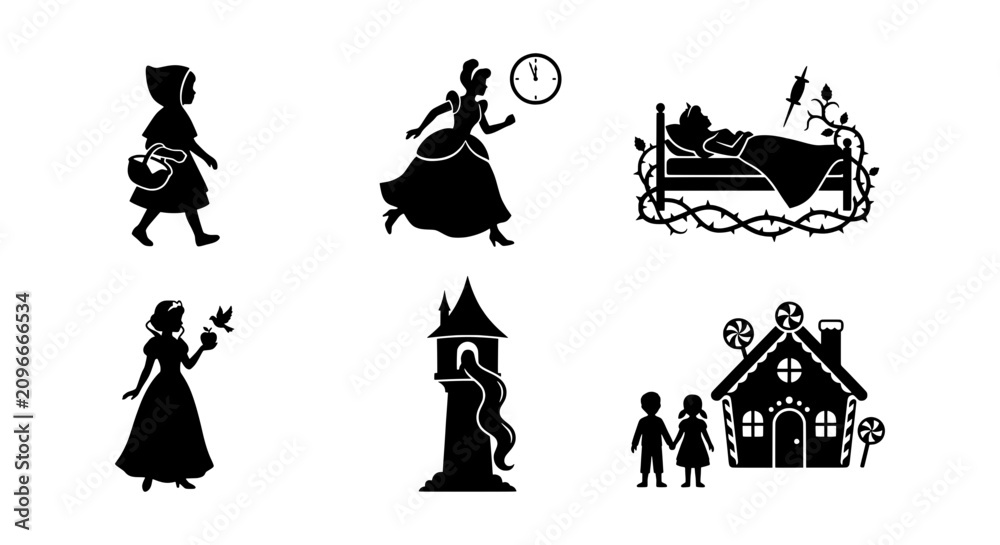 Fototapeta premium Fairy Tale Silhouettes: Princess, Witch, Bed, Tower, Gingerbread House, Children, Story Icons