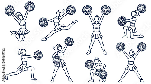 Schilderij op canvas Cheerleader girls group line art set for sports spirit and high school pep rally designs