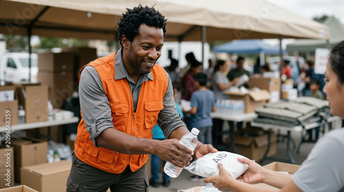 Disaster relief worker distributing emergency supplies at a temporary aid center. Humanitarian aid volunteer handing out water and food to a person in need