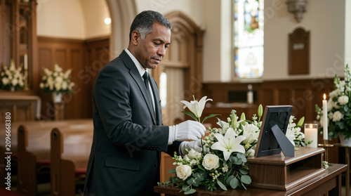 Funeral director arranging white lilies at a memorial display. Professional mortician preparing a tribute in a chapel
