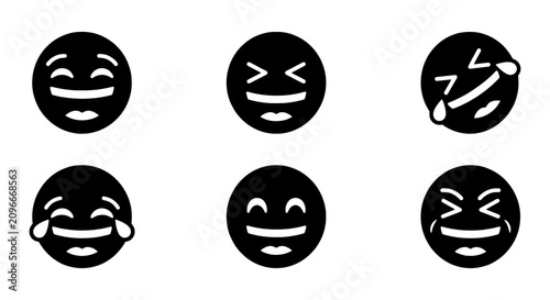 Fotografía Laughing Emoji Icons, Joyful Faces, Happy Expressions, Black & White Vector Set
