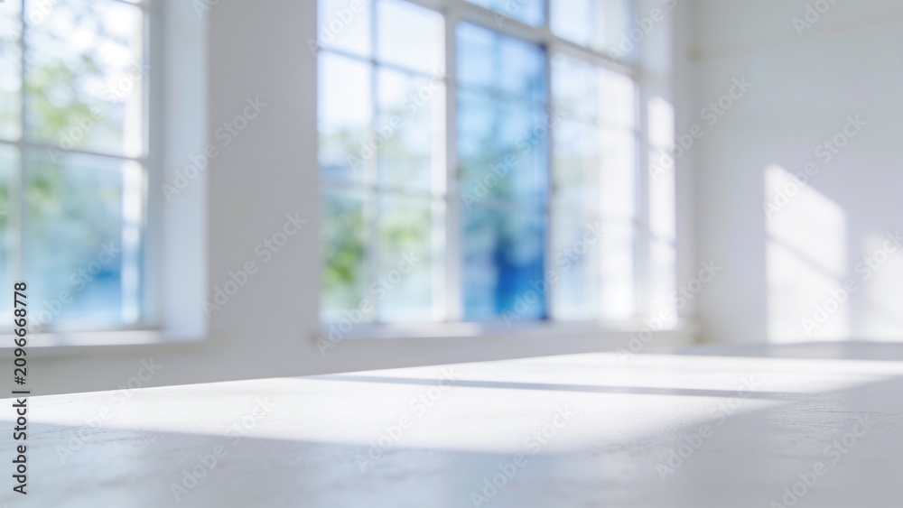 Fototapeta premium Interior of an empty room with large windows and sunlight
