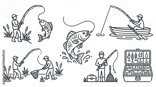 Fotografía Fisherman in boat and on shore catching fish with tackle box and gear