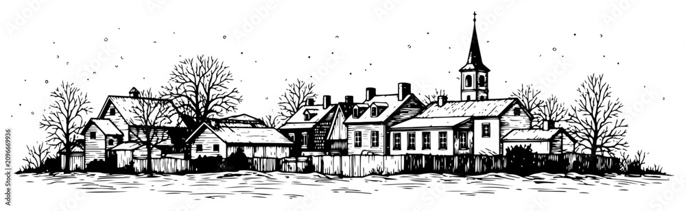 Fototapeta premium Vintage village landscape illustration engraving style old town architecture with houses and church steeple sketch vector
