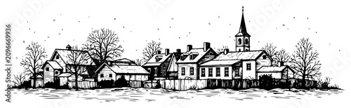 Foto Vintage village landscape illustration engraving style old town architecture wit
