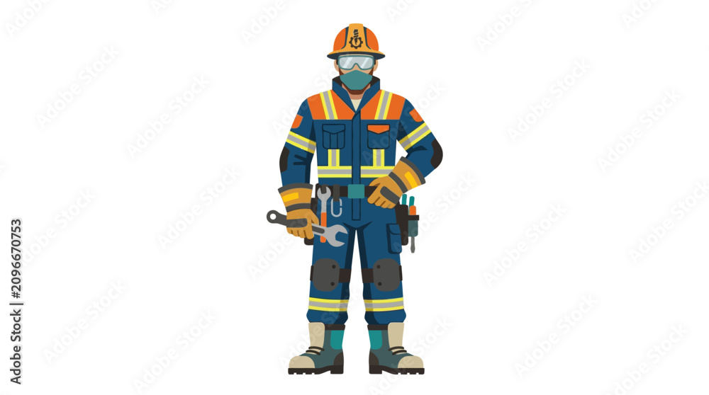 Fototapeta premium Construction Worker In Safety Gear Holding Wrench - Vector Illustration