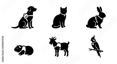 Quadro su tela Pet Icons Set: Dog, Cat, Rabbit, Guinea Pig, Goat, Parrot Silhouettes
