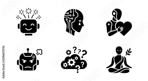 Robot Emotions Icons: Happy, Sad, Love, Angry, Confused, Meditating AI