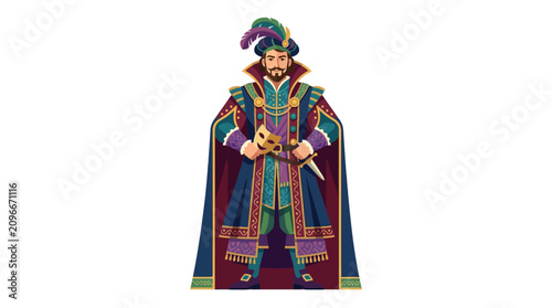 Bild auf Leinwand Elegant Venetian Nobleman in Ornate Costume Holding Mask and Dagger
