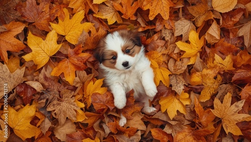 Adorable small puppy lying on a bed of vibrant orange and yellow autumn leaves during a sunny fall afternoon walk