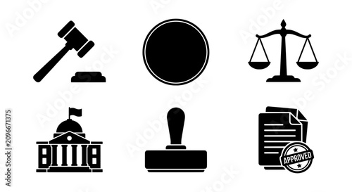 Photos Legal Icons Set: Gavel, Scales, Stamp, Building, Document, Approved Seal