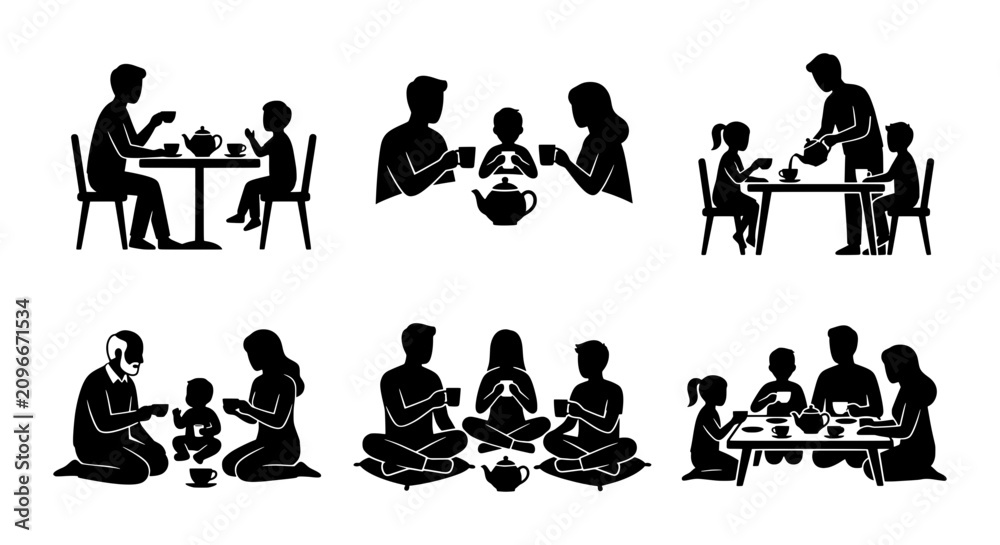 Obraz premium Family Tea Time Silhouettes, Generations Gathering, Casual Meal Scenes, Vector Icons