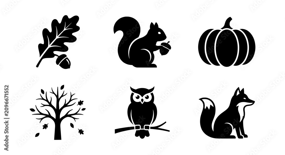Obraz premium Autumn Icons Set: Oak Leaf, Squirrel, Pumpkin, Tree, Owl, Fox Vector Graphics