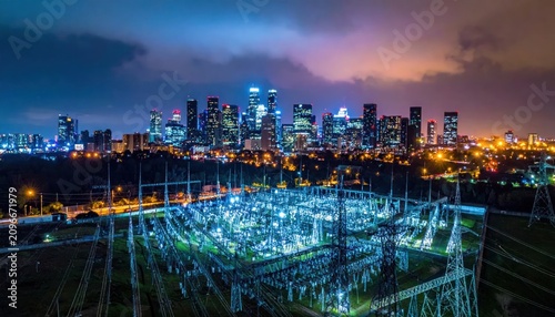 Aerial view of power grid substation near city skyline.