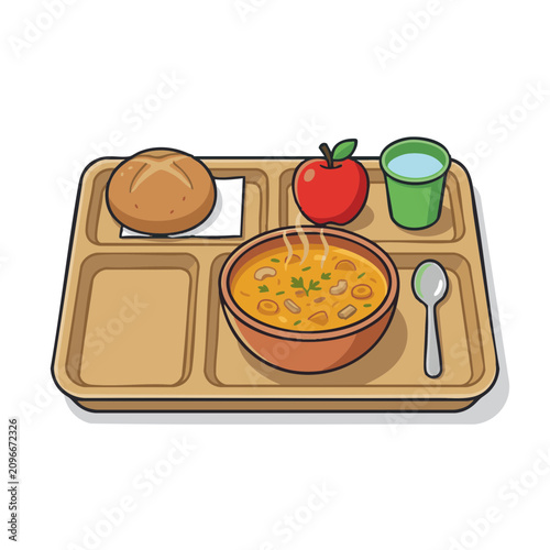 Konstfotografi Lunch tray with soup, bread, apple, and drink on a quiet table in a dining area