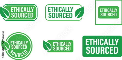 Green ethically sourced product badge icons collection with natural leaves isolated on white background