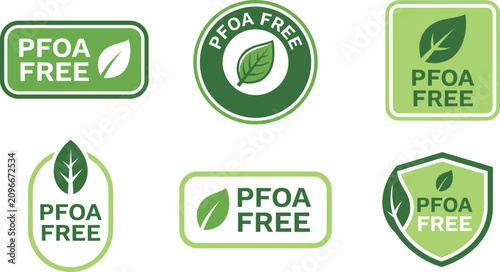 Green PFOA free product badge icons collection with natural leaves isolated on white background