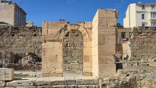 Athens, Greece - 22 June 2026. Stone archway of the Early Christian Tetraconch, Basilica of Megali Panagia, beside Hadrian's Library, with surviving masonry and excavation remains.