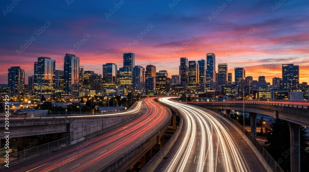 Fototapeta premium Modern Urban Skyline at Sunset with Dynamic Highway Traffic Light Trails Website Banner. High-speed City Infrastructure and Connectivity Hero Header for Corporate and Logistics Backgrounds.
