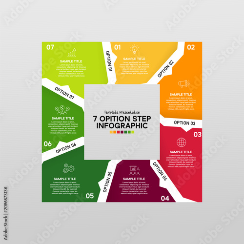 Square diagram infographic with 7 step process for presentation templates and report diagrams. editable vector.