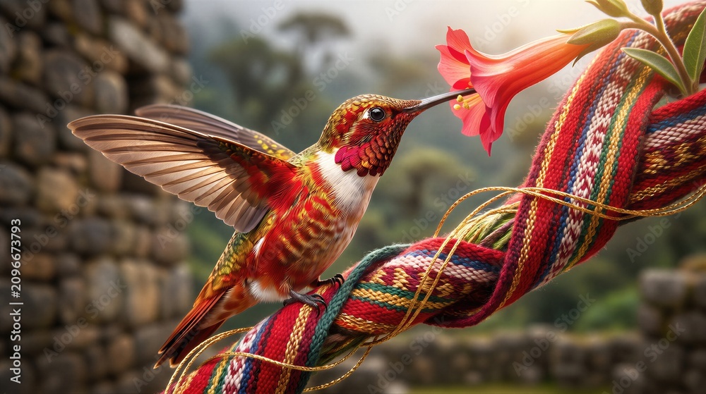 Fototapeta premium Hummingbird perched on traditional Peruvian textile fabric near flower. Andean cultural symbol during Fiestas Patrias. Nature and heritage concept celebrating independence in Peru.