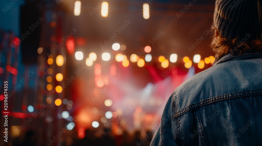 Fototapeta premium Person in denim jacket watching colorful stage light and music event