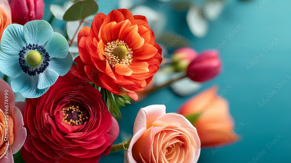 Obraz premium Close-Up of Vibrant Red Blue Orange and Pink Blooming Flower Arrangement on Blue