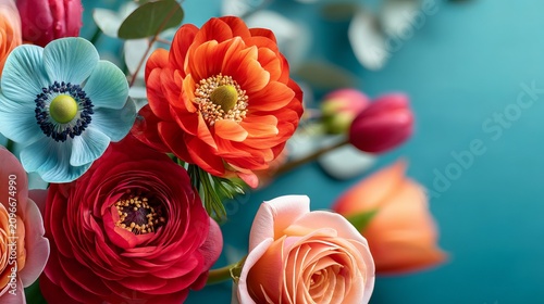 Close-Up of Vibrant Red Blue Orange and Pink Blooming Flower Arrangement on Blue