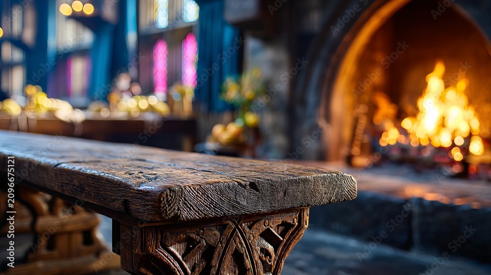 Obraz premium Close-up of rustic wooden table with carved leg near cozy fireplace flame
