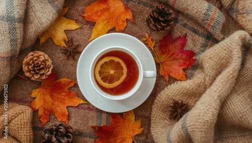 Cozy autumn tea time scene with lemon infused drink on plaid textile surrounded by colorful fall leaves and pinecones